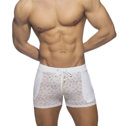 White lace-trimmed men’s briefs with floral pattern and drawstring waistband from flowery lace short collection