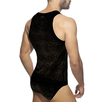 Black lace tank top with intricate floral patterns perfect for elegant and stylish summer wear