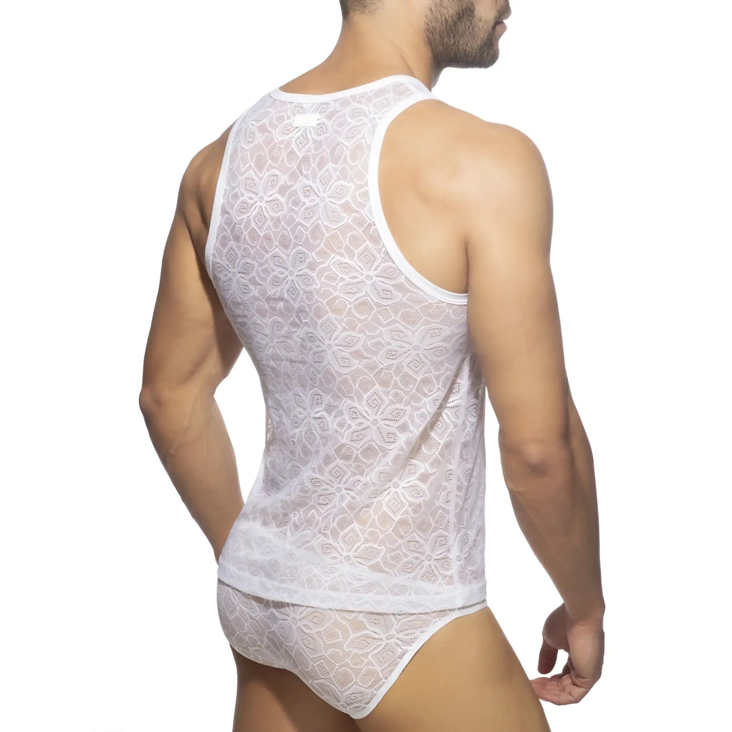 White lace tank top with floral pattern and matching briefs made of delicate lace fabric for feminine lingerie set