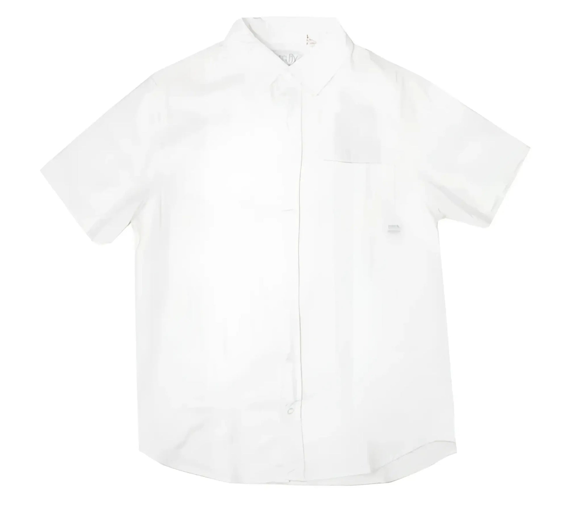 A crisp white fly linen shirt with short sleeves classic collar and subtle texture perfect for warm weather
