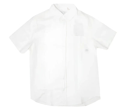 A crisp white fly linen shirt with short sleeves classic collar and subtle texture perfect for warm weather