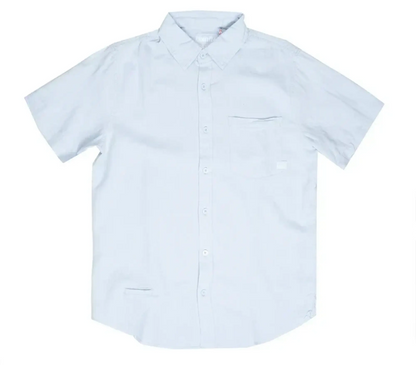 A crisp white fly linen shirt with short sleeves, classic collar, button-up front, and chest pocket