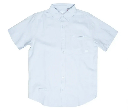 A crisp white fly linen shirt with short sleeves, classic collar, button-up front, and chest pocket