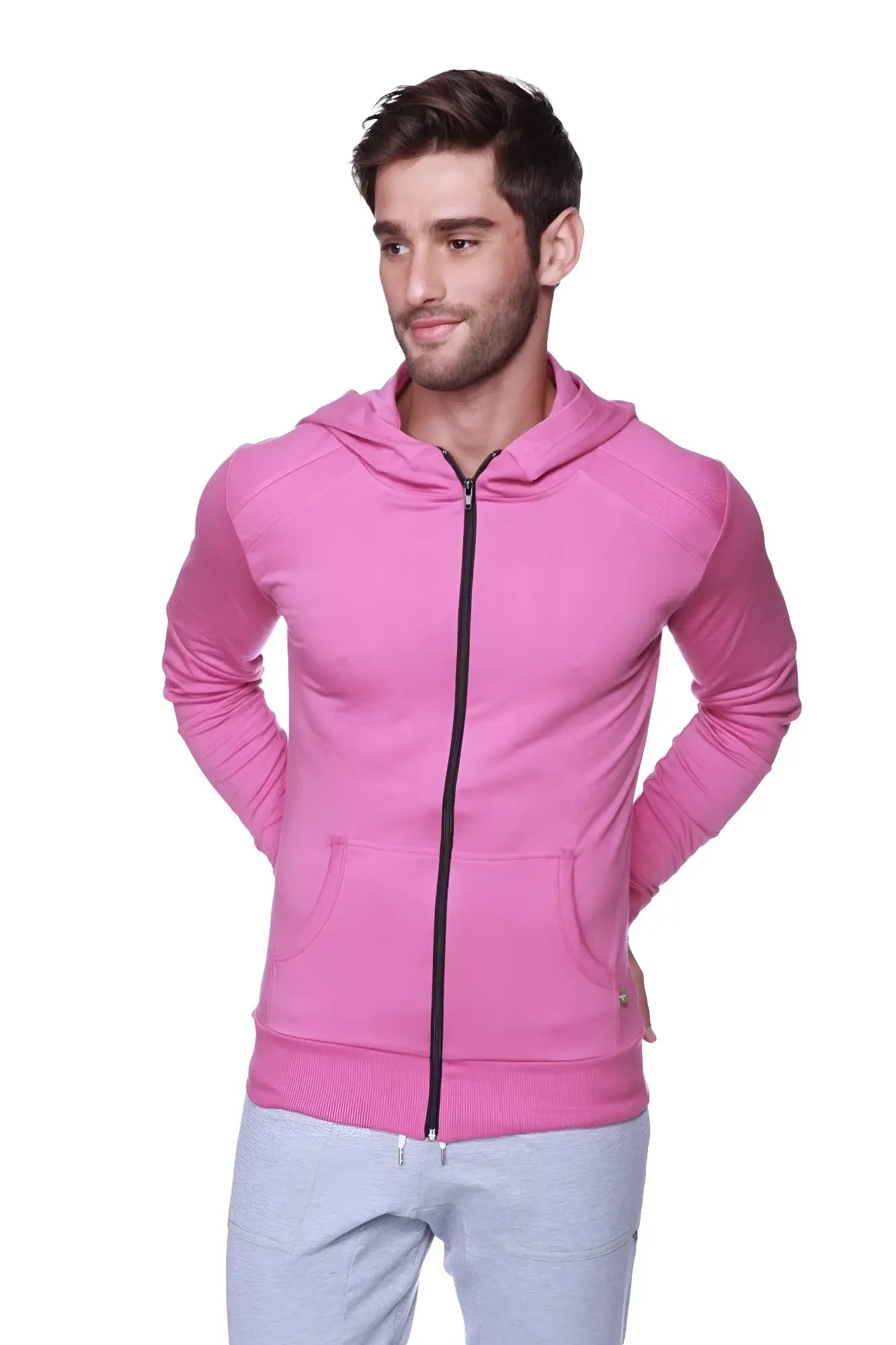 Form-fit crossover yoga track performance hoodie in vibrant pink with black zipper and front pockets for active wear
