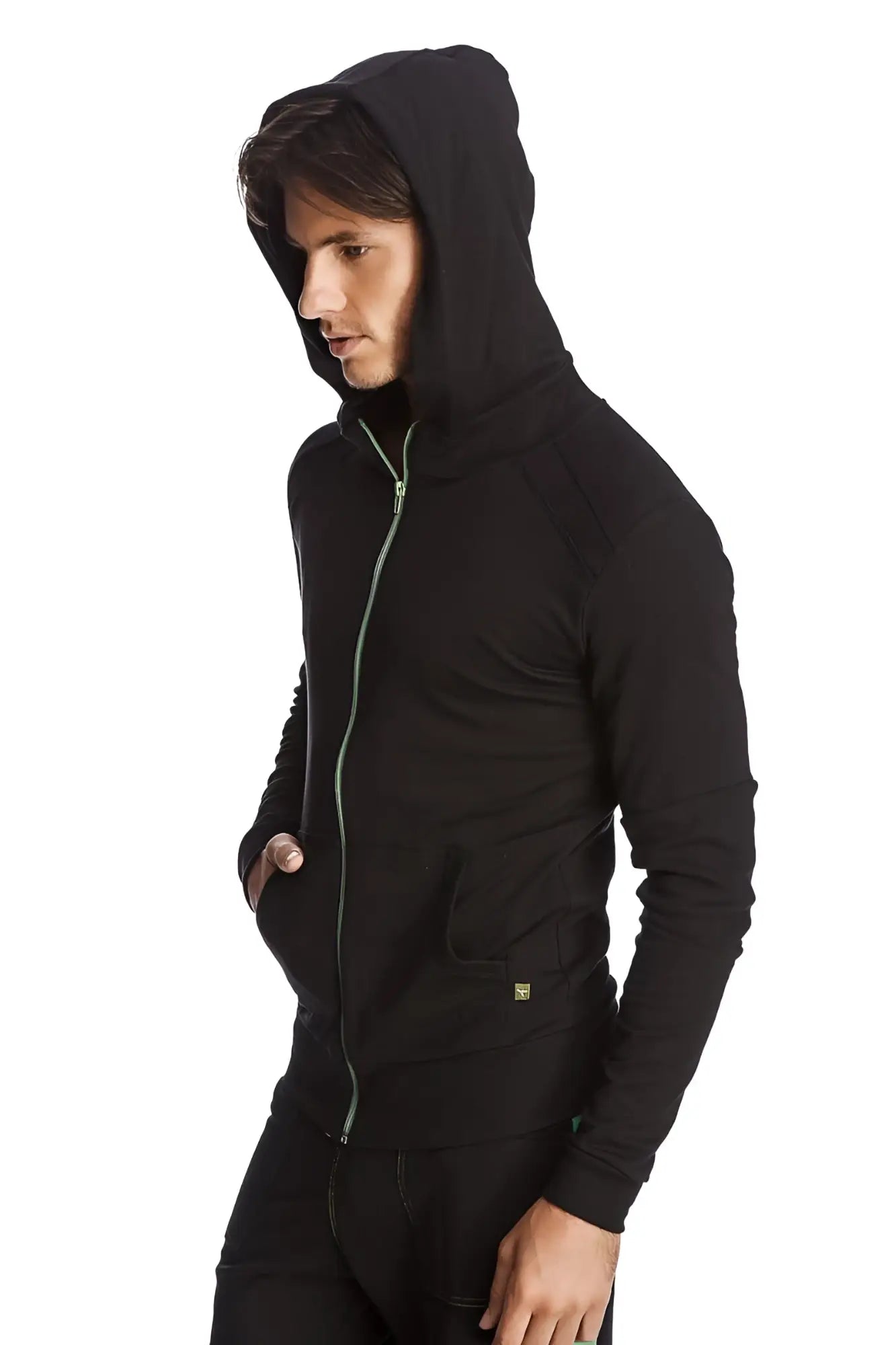 Black form-fit crossover yoga track performance hoodie with sleek minimalist design and subtle green zipper trim