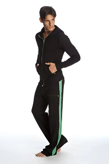 Form-fit crossover yoga track performance hoodie set in black with green zipper and matching pants with green stripe