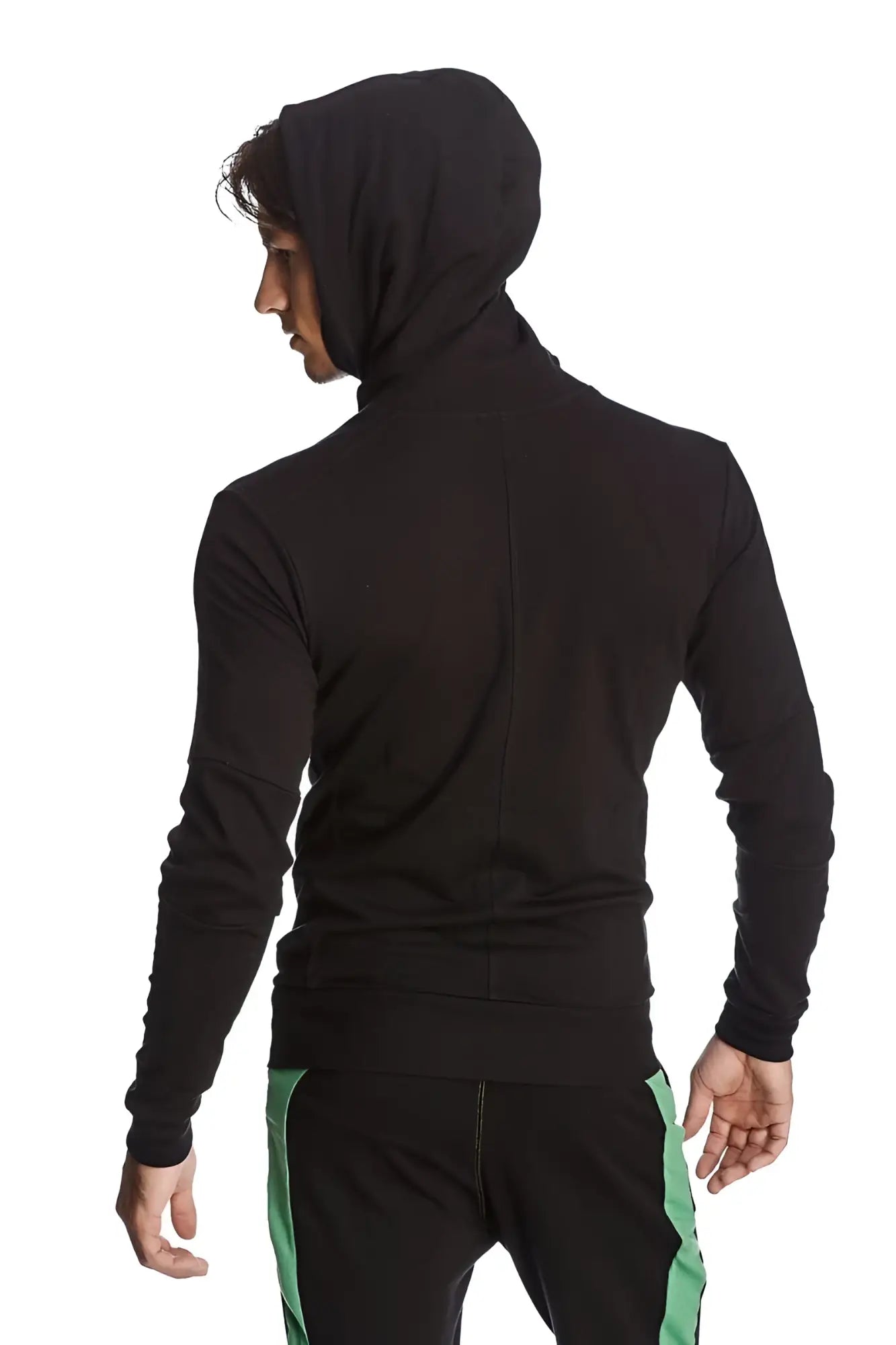 Back view of a black form-fit crossover yoga track hoodie with long sleeves and subtle seam detail along the back