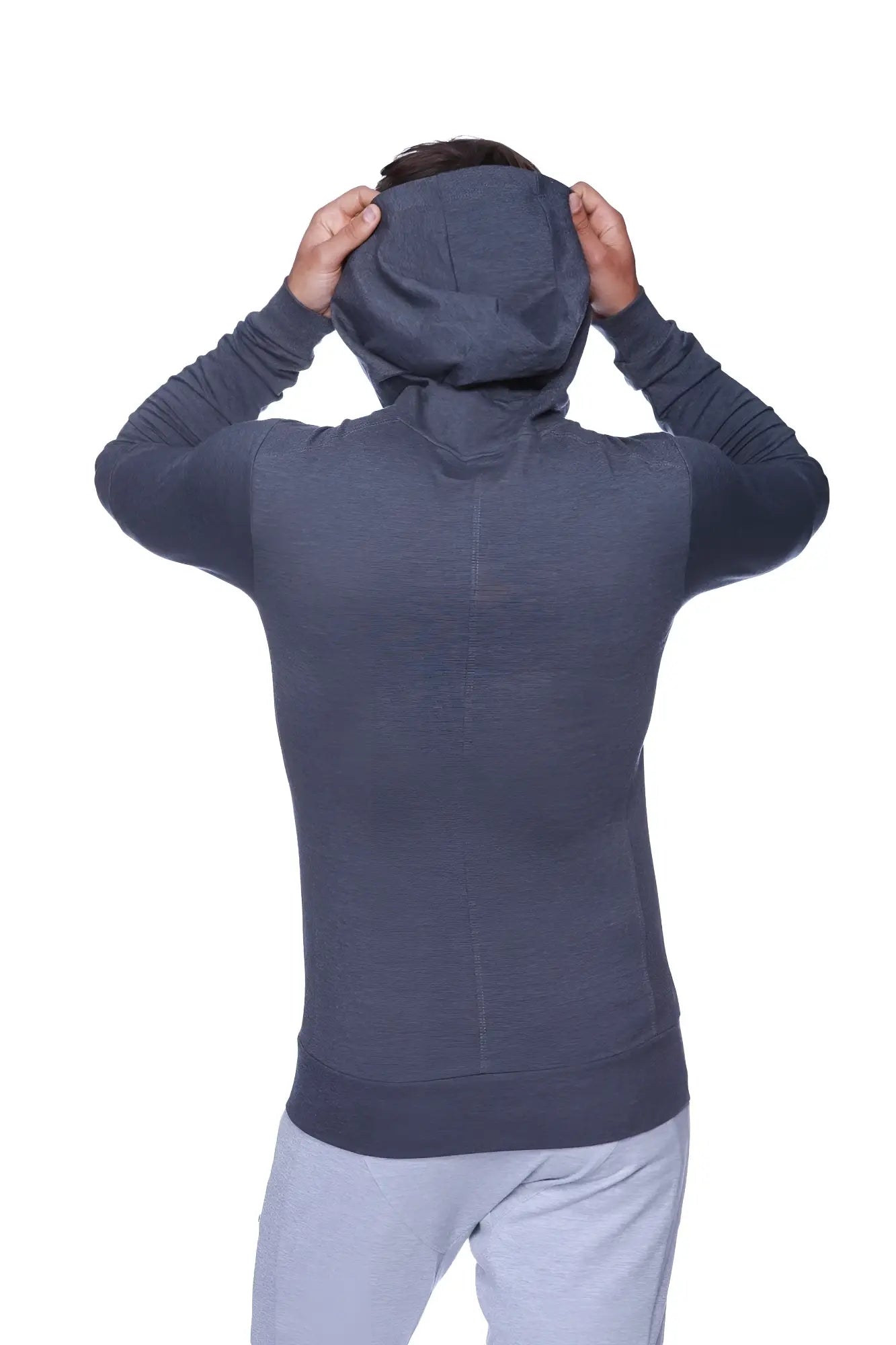 Dark gray form-fit crossover yoga track performance hoodie with textured fabric and long sleeves for activewear