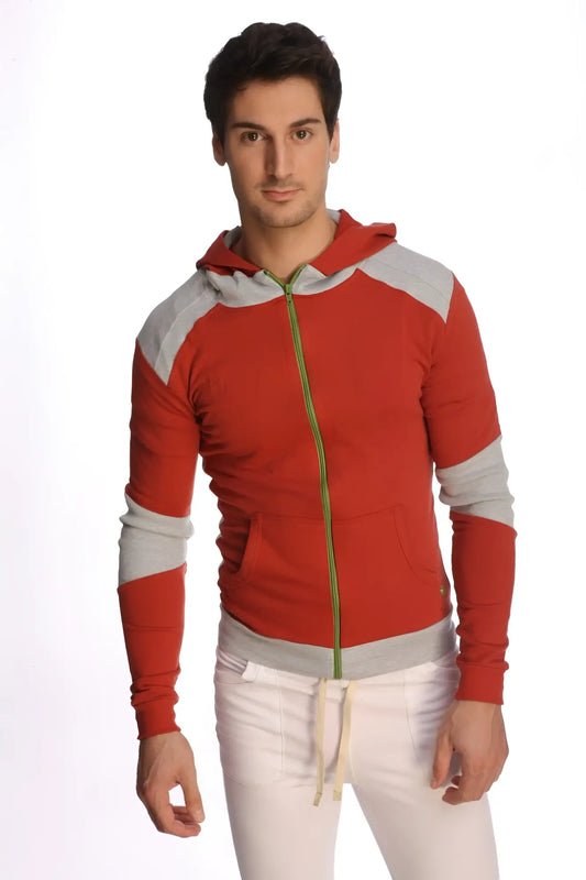 Form-fit crossover yoga track performance hoodie in cinnabar grey red and gray with green zipper for activewear
