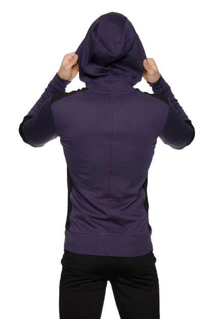 Form-fit crossover yoga track performance hoodie in dark purple and black with a sleek athletic design