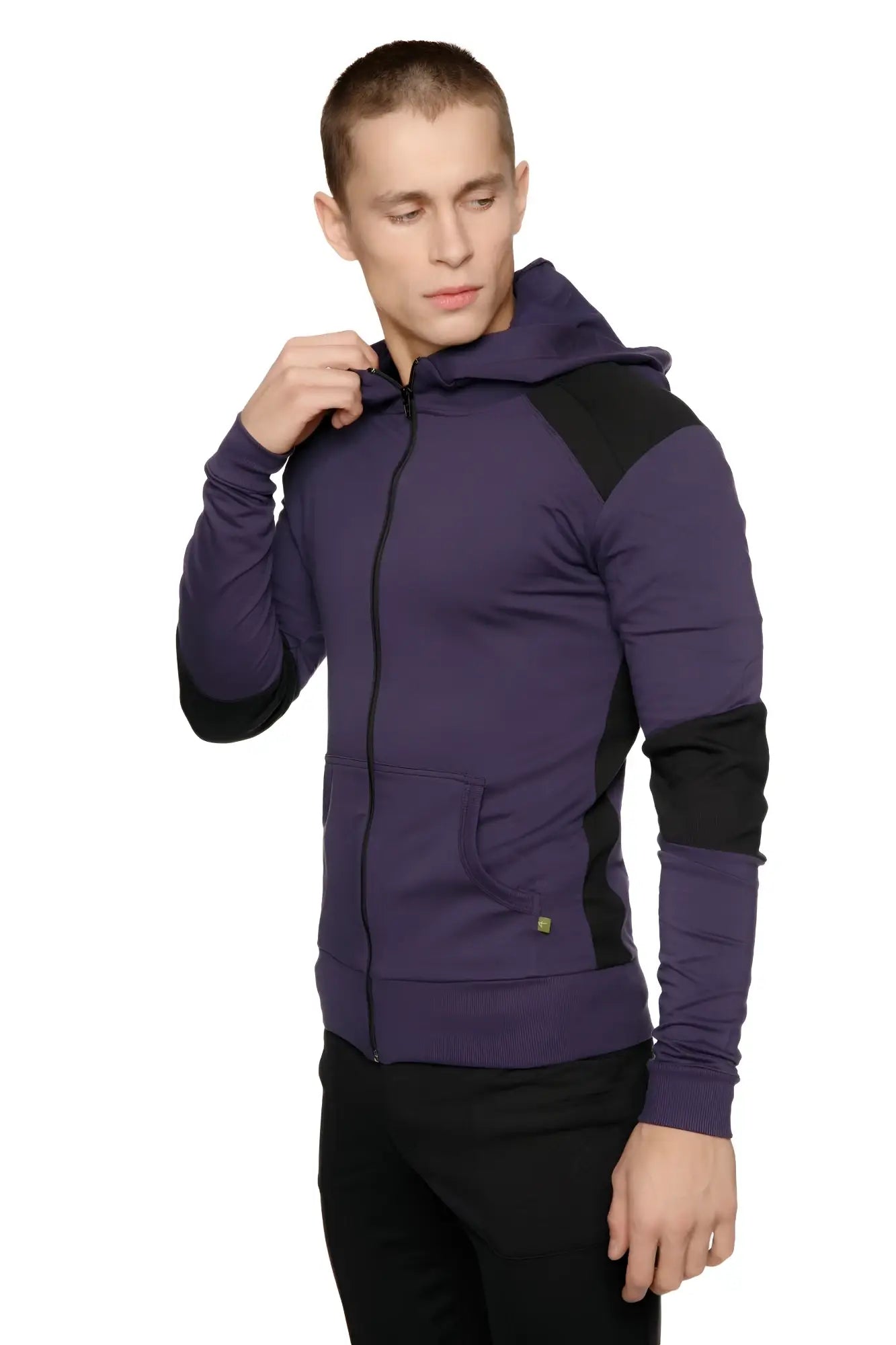 Form-fit crossover yoga track performance hoodie in eggplant and black with contrasting panels on shoulders sleeves and sides