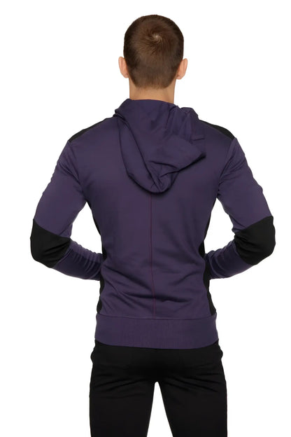 Form-fit crossover yoga track performance hoodie in eggplant and black with zip-up front and contrasting sleeve panels