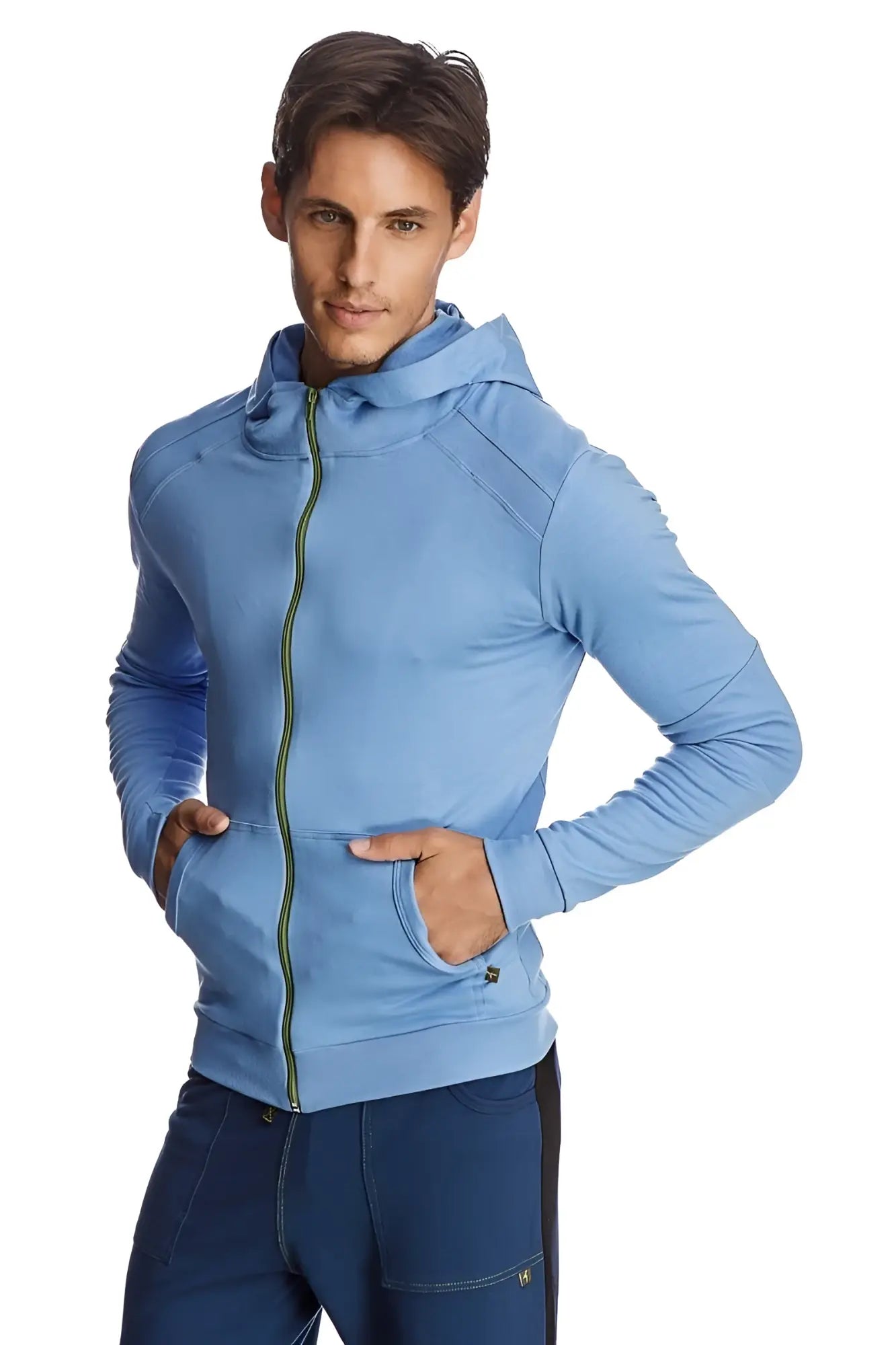 Form-fit crossover yoga track performance hoodie in ice blue with green zipper and textured shoulder panels
