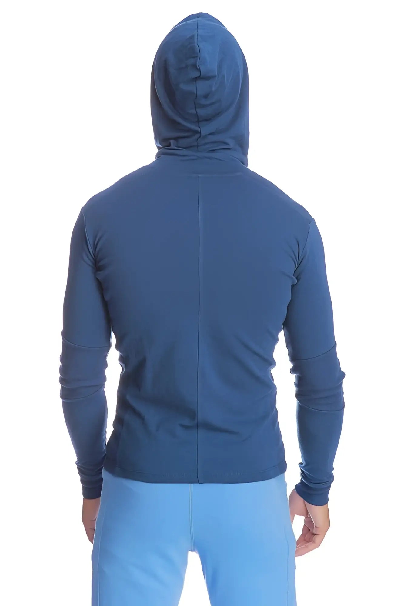 Blue hooded long-sleeve form-fit crossover yoga track performance hoodie royal showing back with central seam