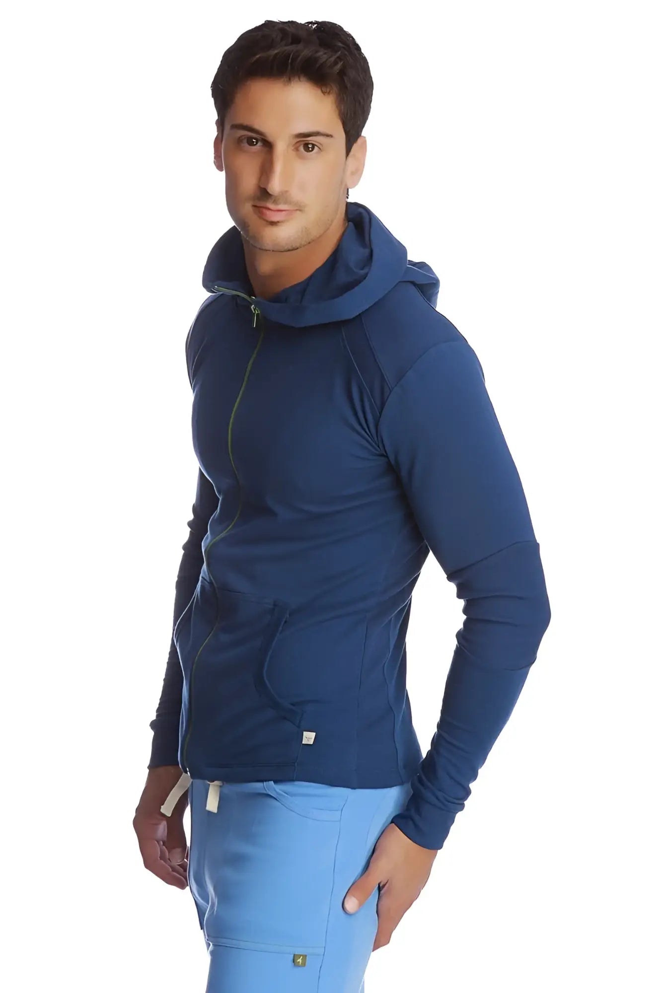 Navy blue form-fit crossover yoga track performance hoodie with zip front and subtle textured fabric with matching hood