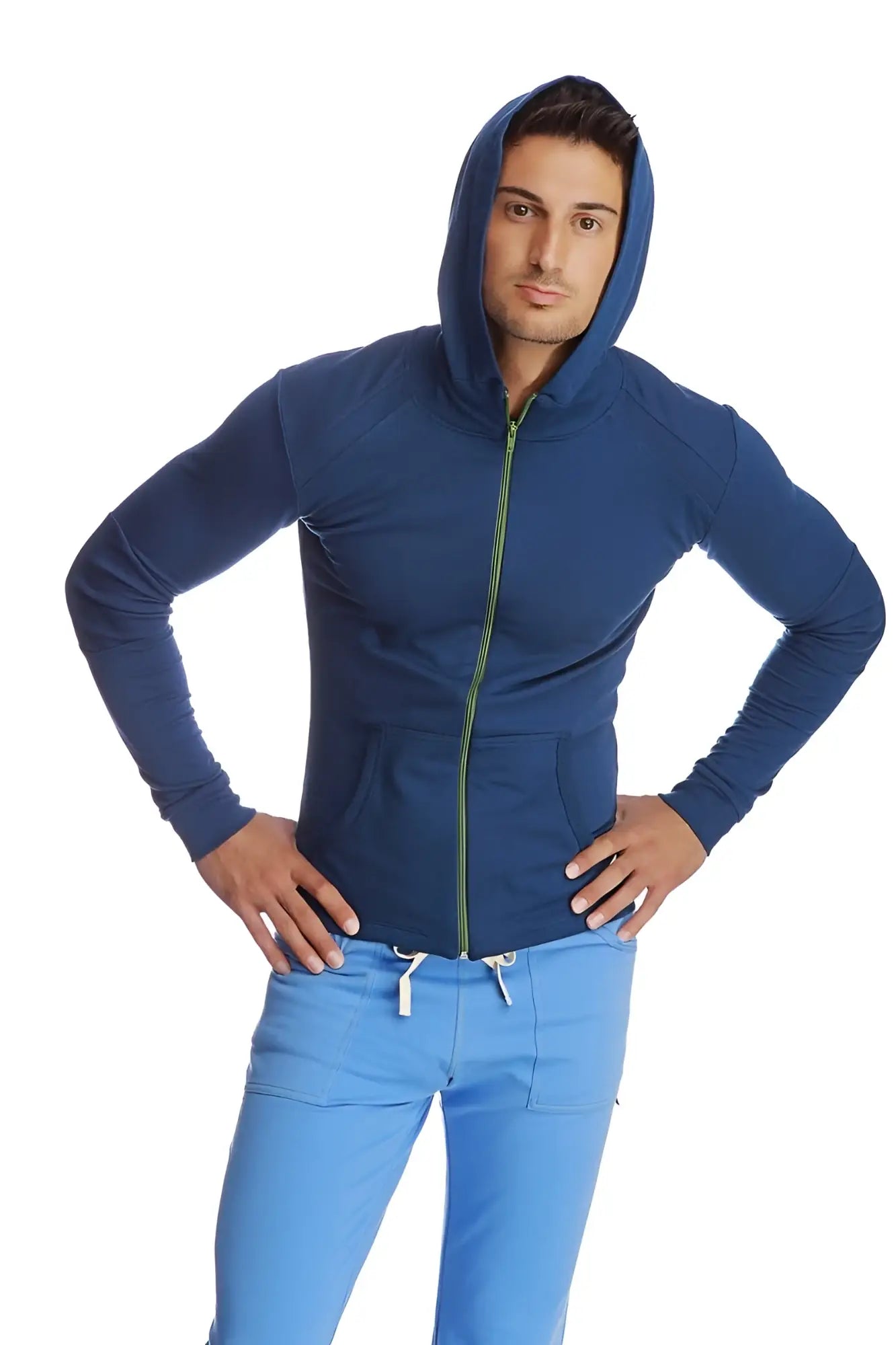 Navy blue form-fit crossover yoga track performance hoodie with lime green zipper and white drawstrings