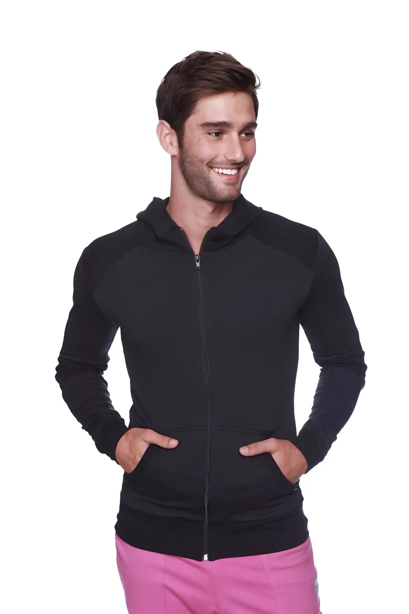 Black form-fit crossover yoga track performance hoodie with sleek athletic cut and black zipper shown with pink pants