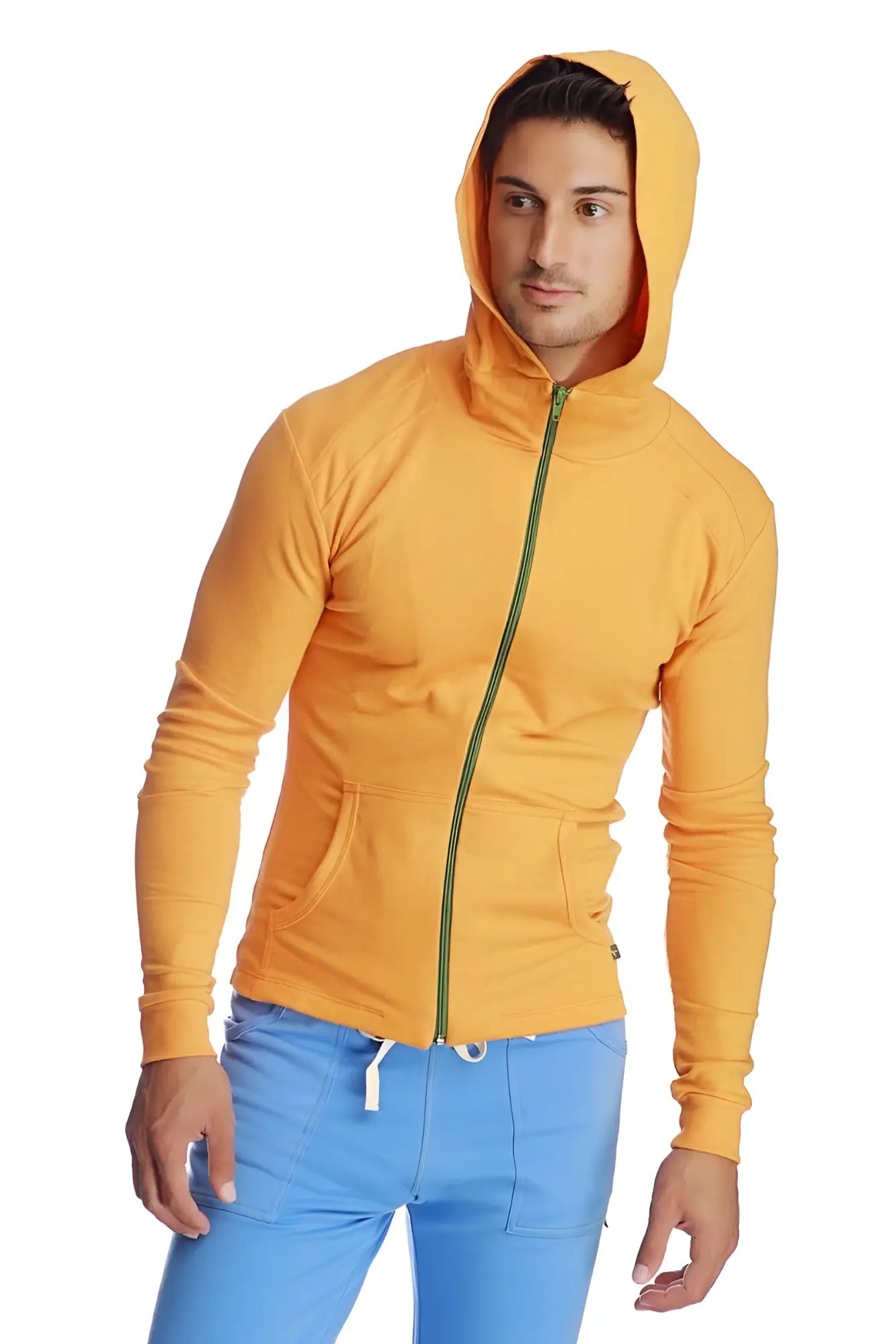 Form-fit crossover yoga track performance hoodie in vibrant sun orange yellow with green zipper trim and matching hood