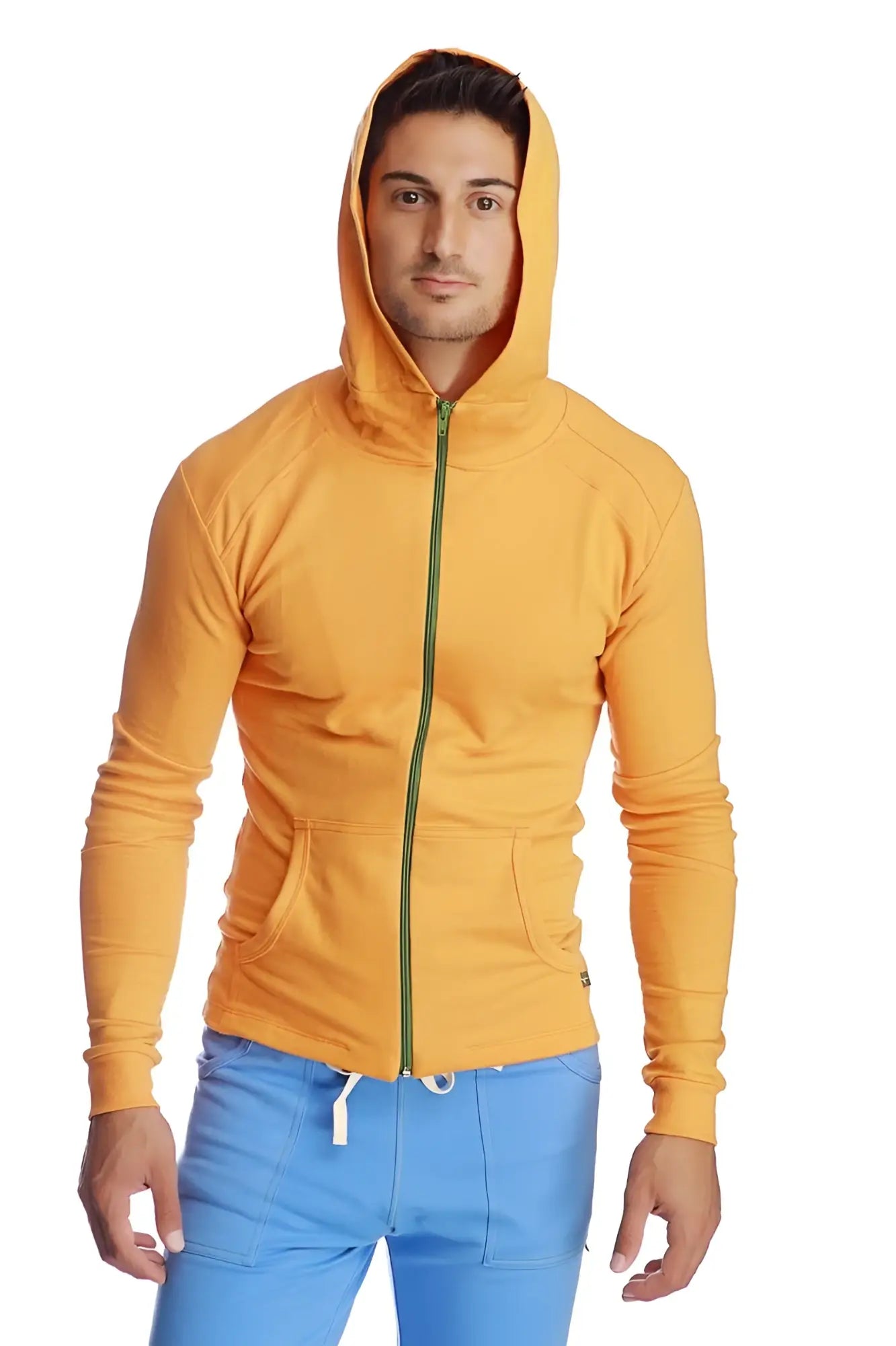 Form-fit crossover yoga track performance hoodie in vibrant yellow with green zipper and white drawstrings for active wear
