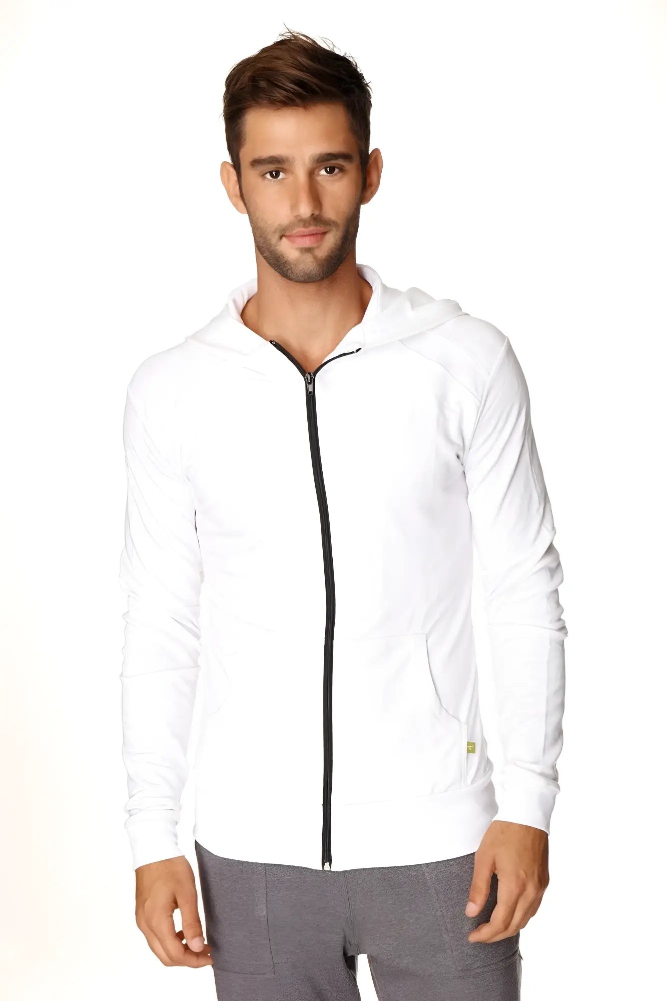 Form-fit crossover yoga track performance white hoodie with black zipper and subtle side pockets for active wear