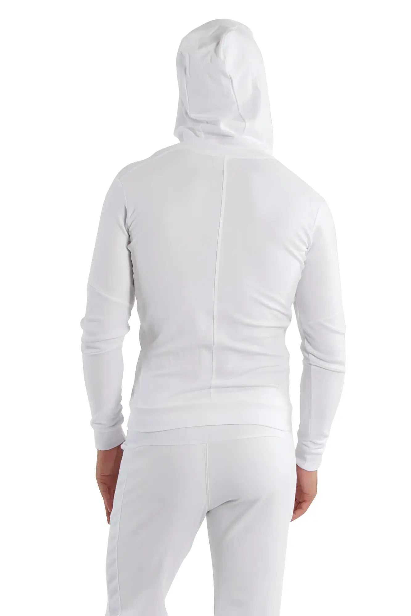 White form-fit crossover yoga track performance hoodie with green zipper sleek design and long sleeves