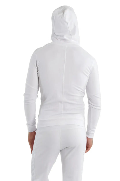 White form-fit crossover yoga track performance hoodie with green zipper sleek design and long sleeves
