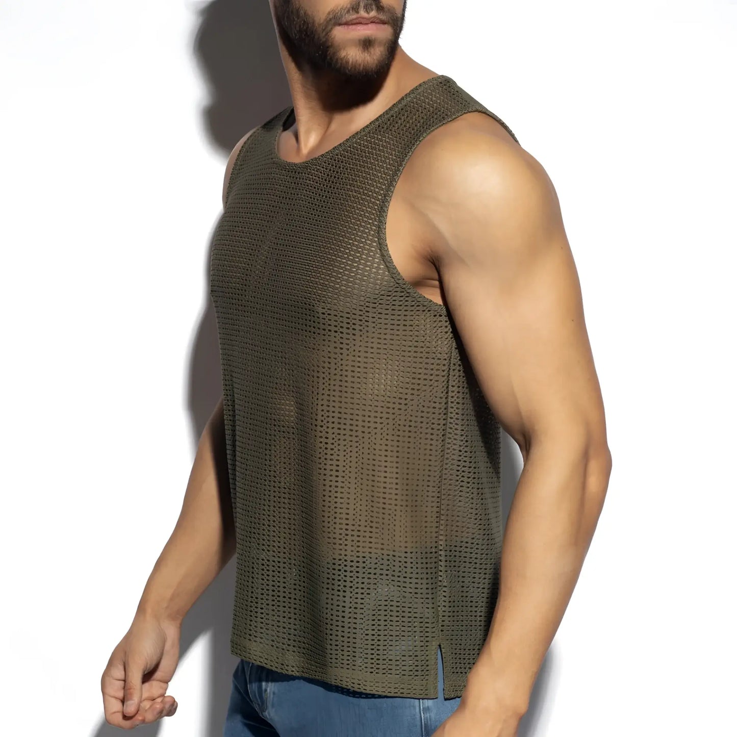 Olive green formentera retro tank top made of breathable mesh fabric ideal for casual summer wear