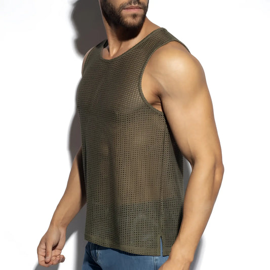 Olive green formentera retro tank top made of breathable mesh fabric ideal for casual summer wear