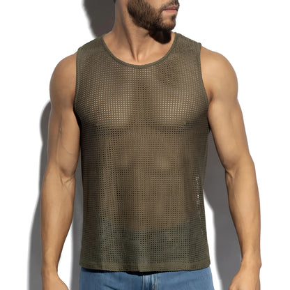 Formentera retro tank top olive green mesh with round neckline and subtle side seam detail