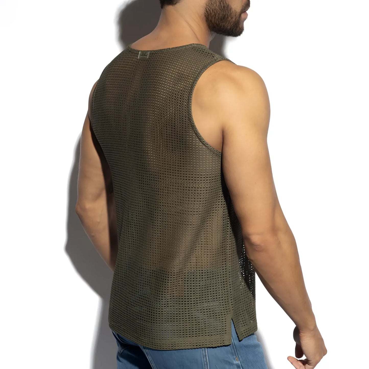 Formentera retro tank top in olive green mesh with subtle texture and small metallic clasp at the neckline