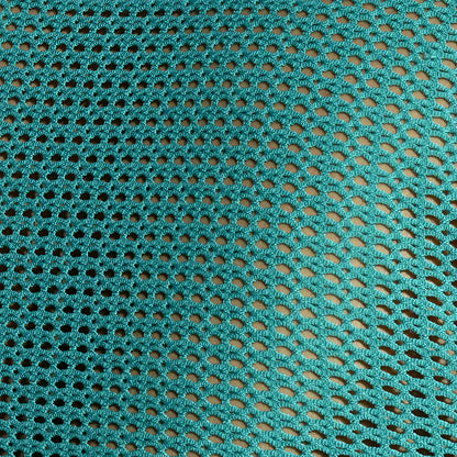 Teal crocheted mesh fabric with oval holes on formentera retro tank top showing breathable lightweight design