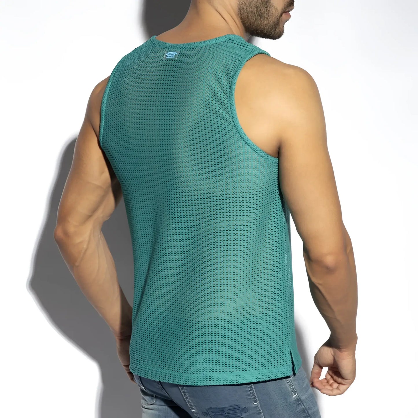 Teal mesh Formentera retro tank top with a subtle brand logo at the neckline for casual wear