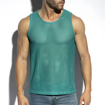 Formentera retro tank top in teal mesh textured sleeveless design with a round neckline for casual wear