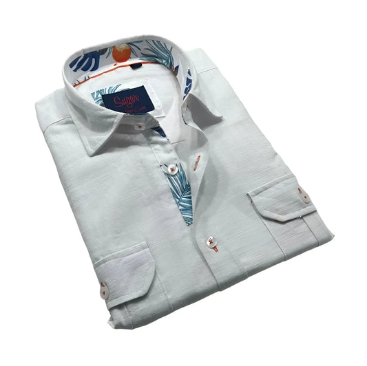 A light gray linen freddy l/s buttondown shirt with tropical leaf and orange pattern on inner collar placket and pocket flaps