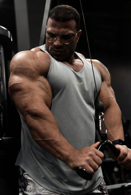 Jed North Men's Fast-Dry Bodybuilding Workout Stringer - Light Gray w/ Neon Logo