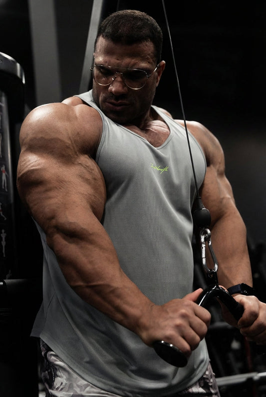Jed North Men's Fast-Dry Bodybuilding Workout Stringer - Light Gray w/ Neon Logo