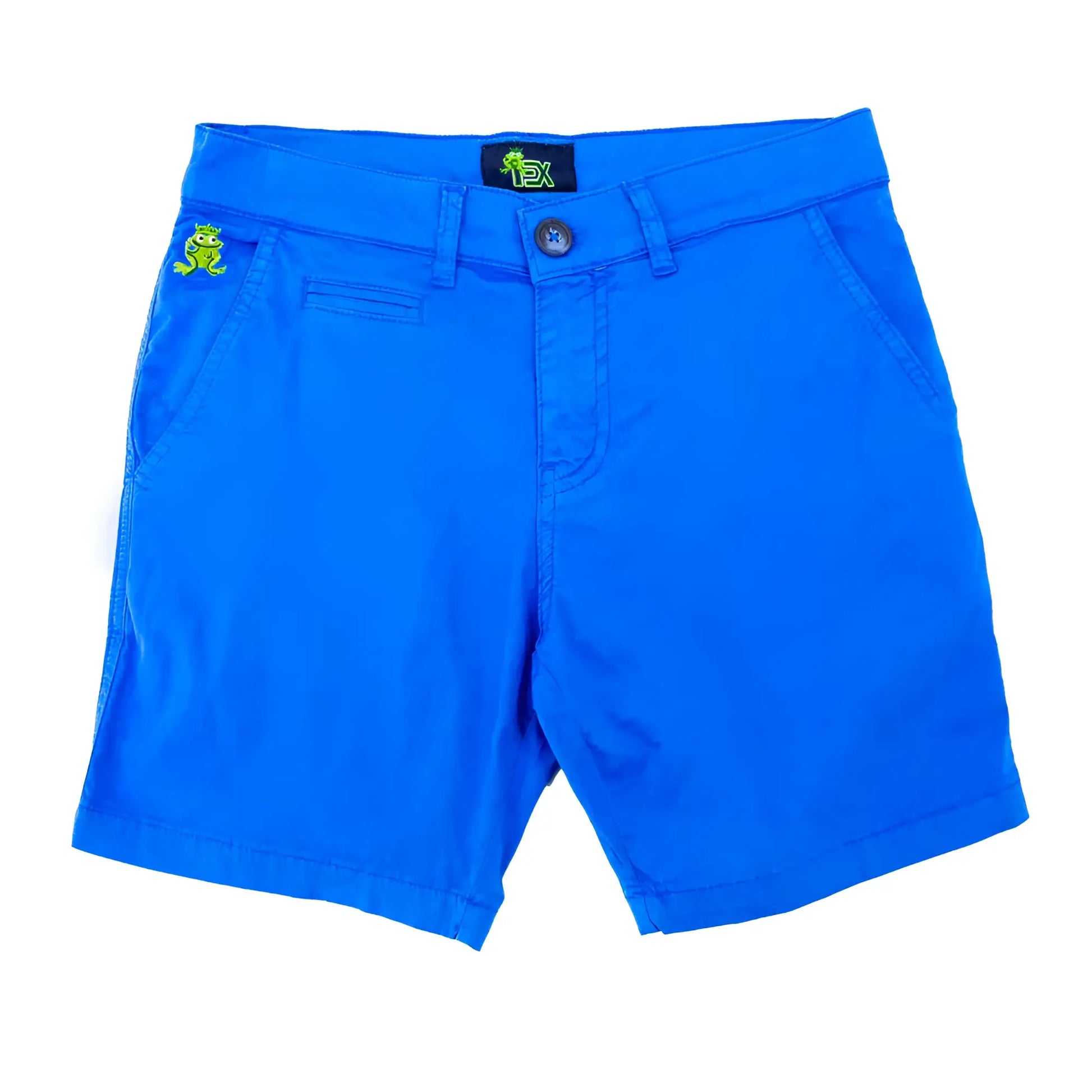 Bright blue frog chino shorts with green frog embroidery on thigh and black brand tag at waistband