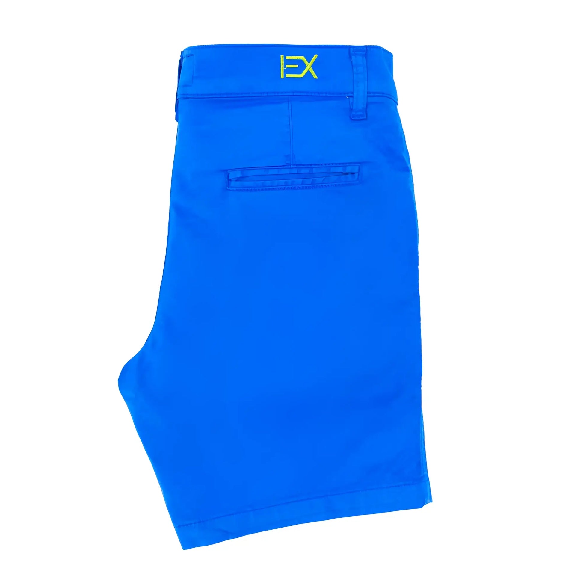 Bright blue frog chino shorts with neon yellow ex logo embroidered on the waistband in front view
