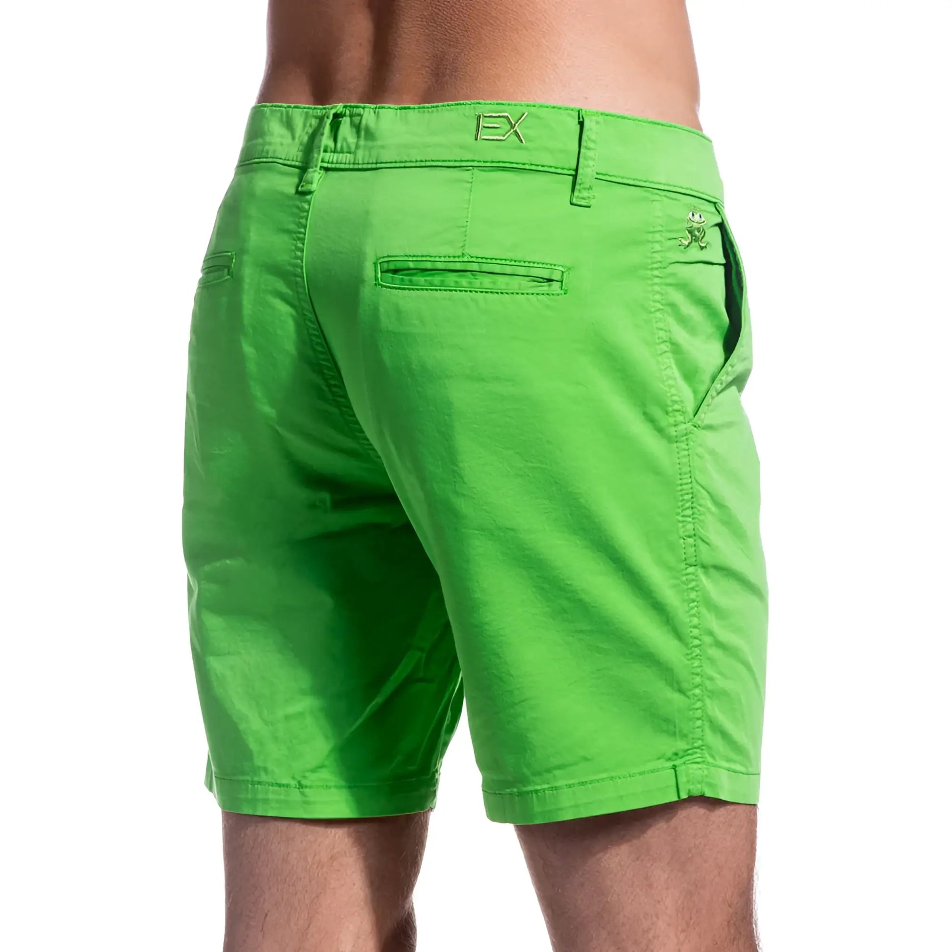 Bright green frog chino short with subtle textured weave and branded logo details on waistband and back pocket back view
