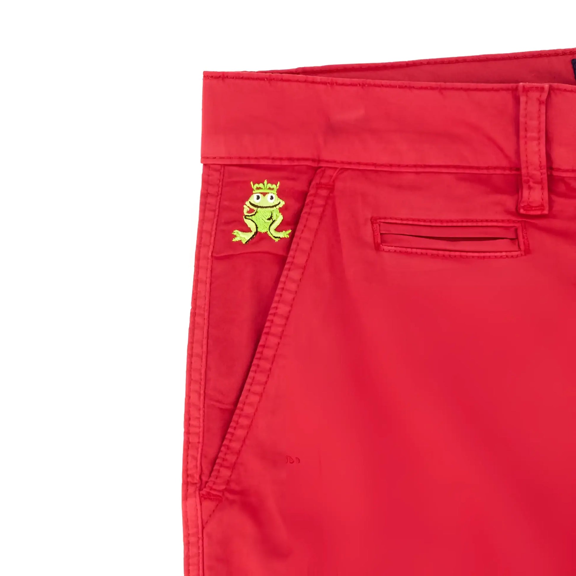 Bright red frog chino short with a small embroidered green frog wearing a crown on the front pocket
