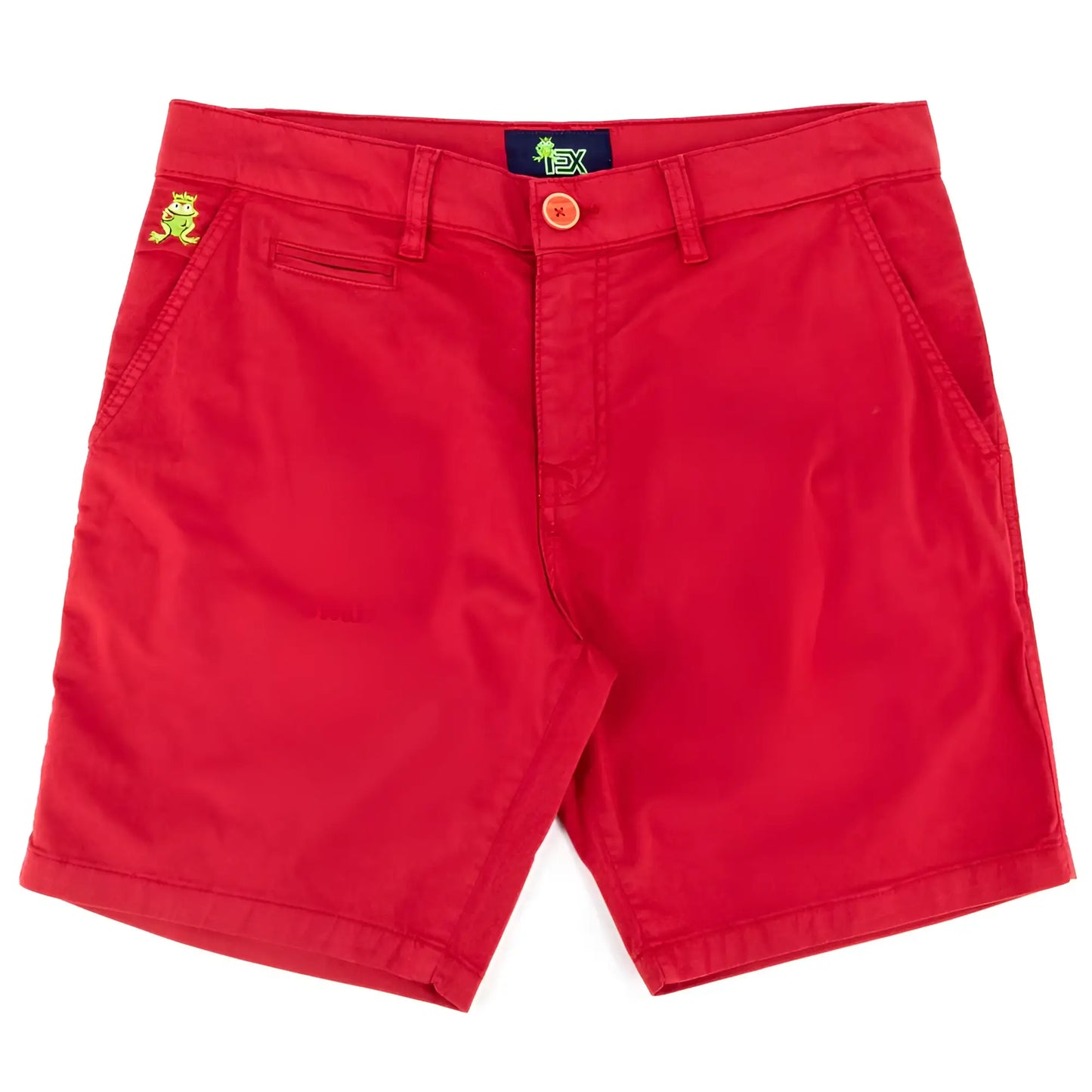 Bright red frog chino short featuring playful green frog emblem on waistband and orange button closure
