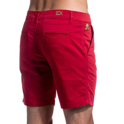 Red chino short showing back side with gold ex logo on waistband and green frog emblem on back pocket