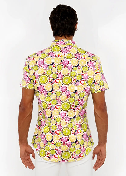 Fruits print stretch knit shirt with lime and pink citrus slices on a dark navy short-sleeved button-up design