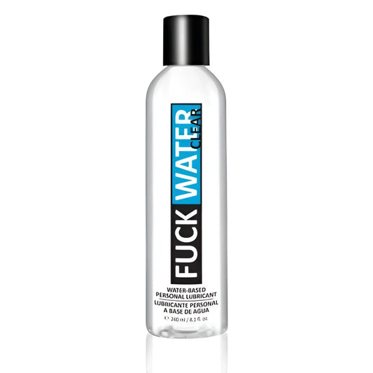 Clear plastic bottle with black cap and blue label for fuck water clear water-based personal lubricant