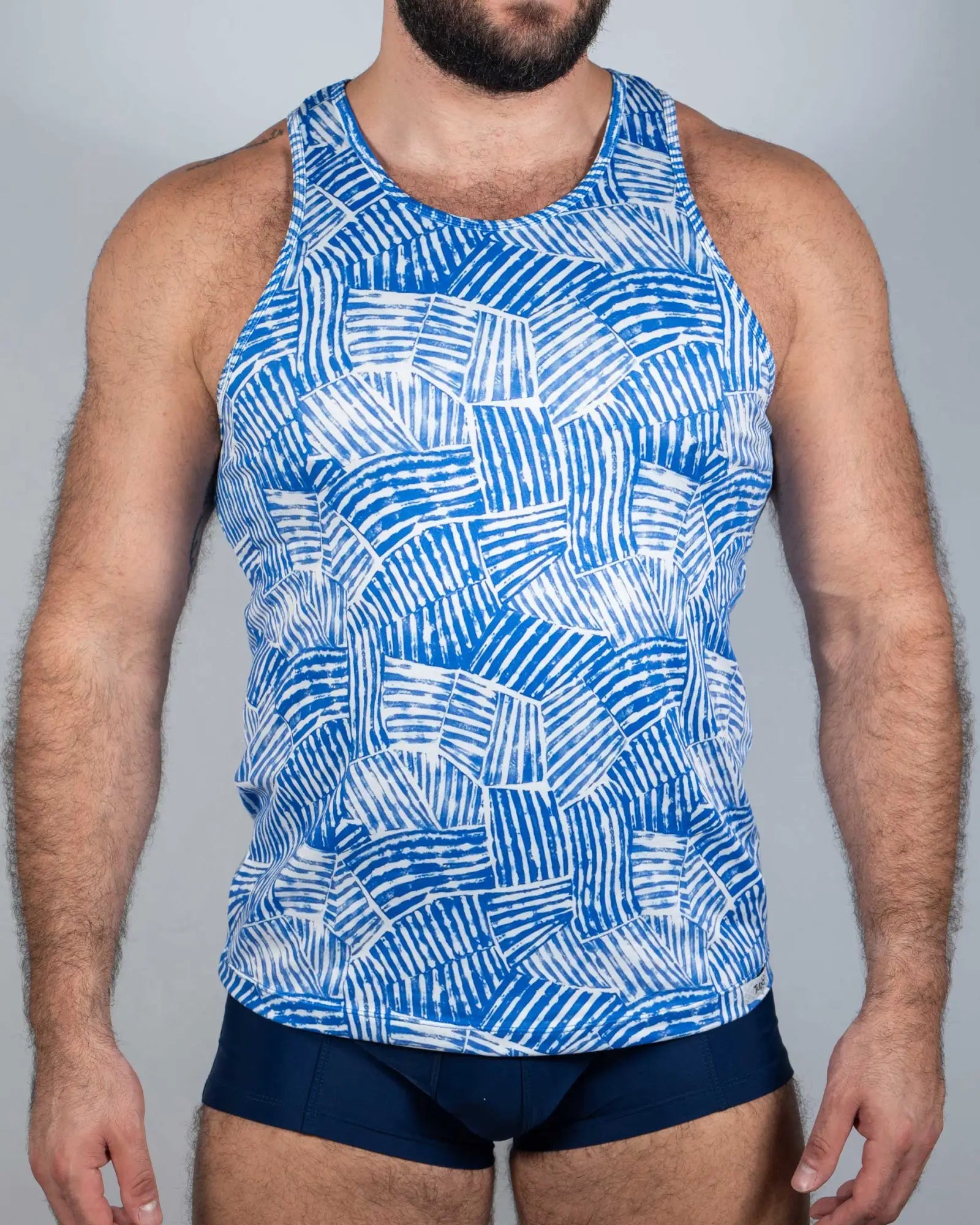 Fun square print tank blue and white patterned tank top with geometric woven design perfect for casual wear