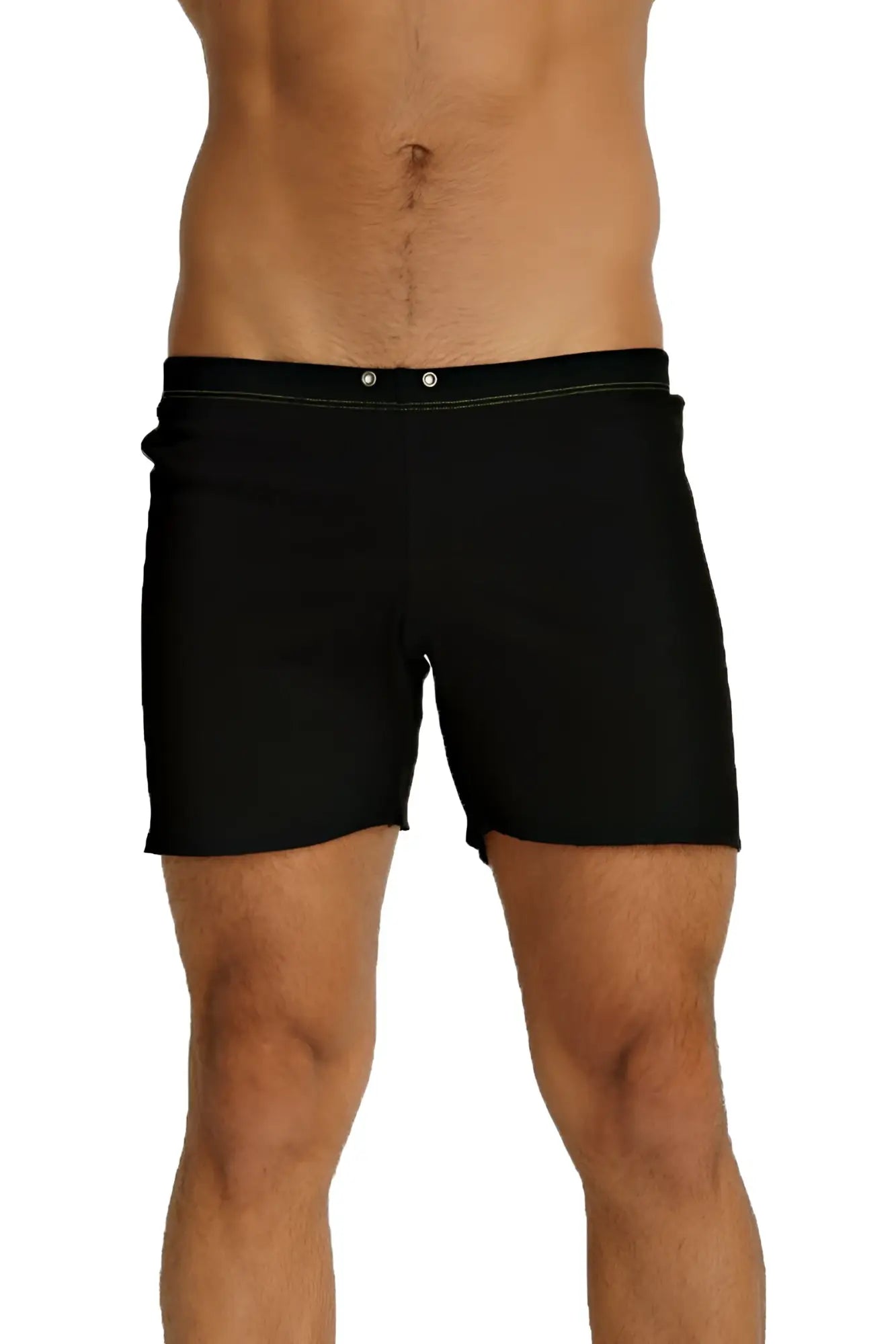 Black fusion yoga shorts with sleek minimalist design and subtle white stitching along the waistband