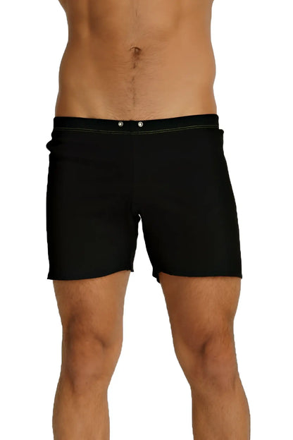 Black fusion yoga shorts with sleek minimalist design and subtle white stitching along the waistband