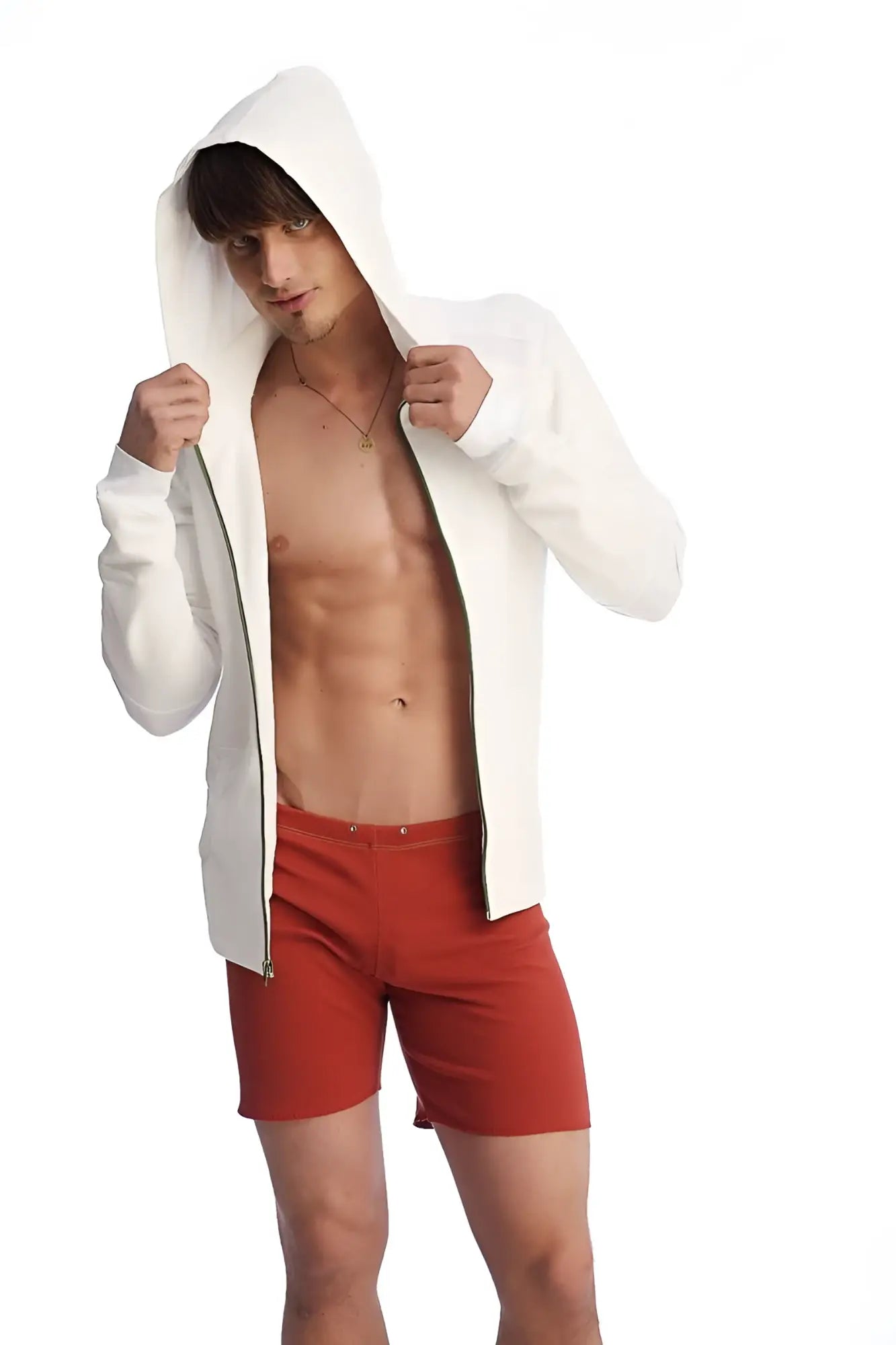 White hooded zip-up jacket with dark zipper trim designed for fusion yoga in cinnabar red color scheme