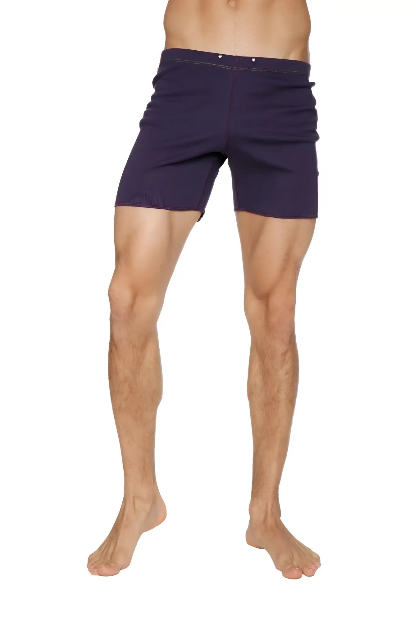 Fusion yoga short eggplant navy blue cotton shorts with tailored fit and button closure at the waist