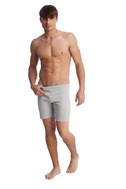 Light gray slim-fit fusion yoga shorts with heather texture designed for comfort and modern style